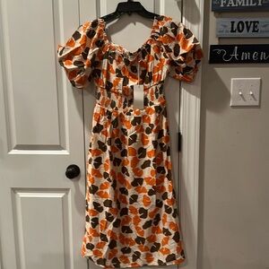 Lush Puff Sleeve Off Shoulder Midi Dress in Orange & Brown Floral Gingko Print